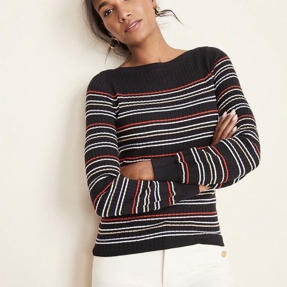Ann Taylor Knit Striped Sweater Black Bishop Sleeve - Picture 1 of 7